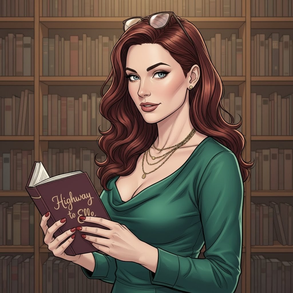 Illustrated portrait of Paige Turner, a woman with flowing auburn hair holding a book titled 'Highway to Elle' in a cozy library setting
